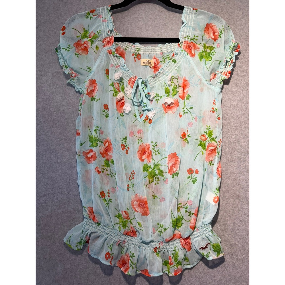 Hollister Womens Floral Chiffon Blouse Blue Orange Smocked Hem Boho Top Medium